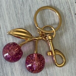 New Cherry Gold Tone Keychain Bag Charm with Pink Glitter Charms